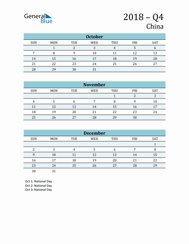 Three-Month Planner for Q4 2018 with Holidays - China