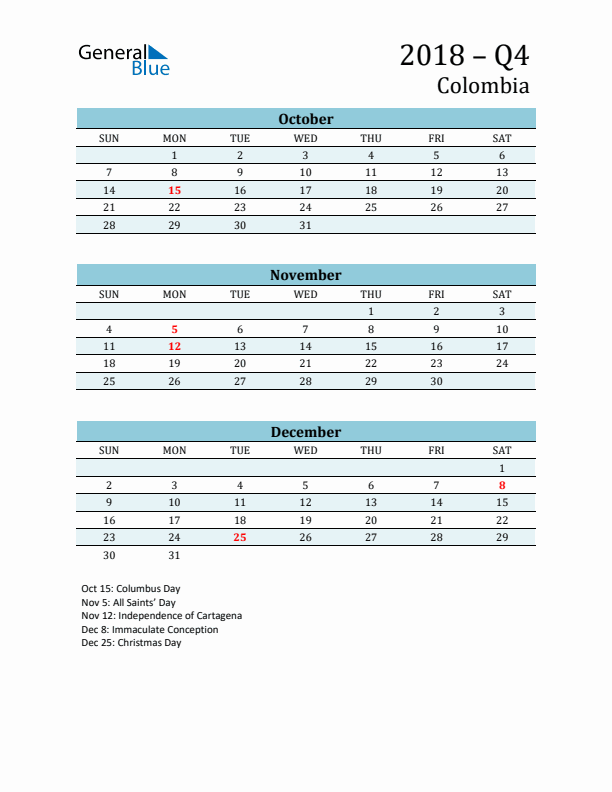 Three-Month Planner for Q4 2018 with Holidays - Colombia