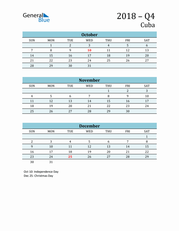 Three-Month Planner for Q4 2018 with Holidays - Cuba
