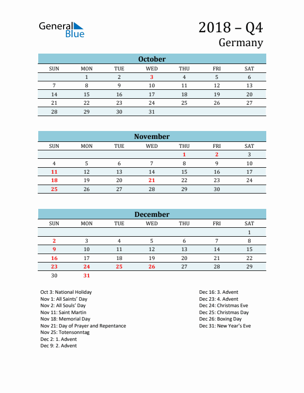 Three-Month Planner for Q4 2018 with Holidays - Germany