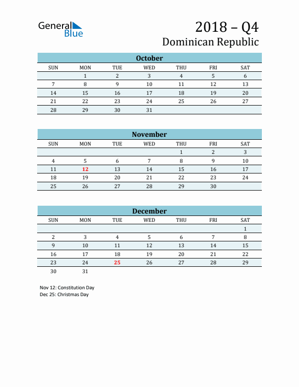 Three-Month Planner for Q4 2018 with Holidays - Dominican Republic