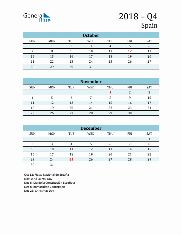 Three-Month Planner for Q4 2018 with Holidays - Spain