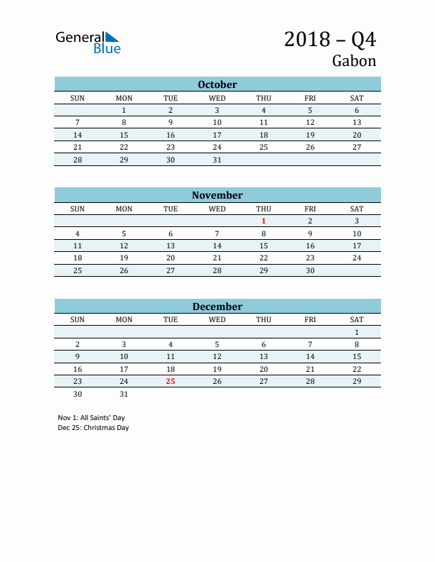 Three-Month Planner for Q4 2018 with Holidays - Gabon
