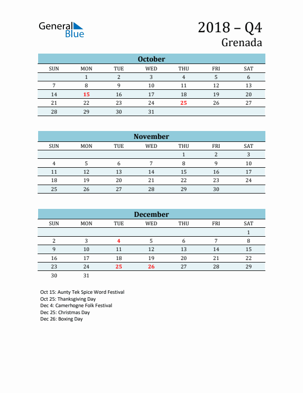 Three-Month Planner for Q4 2018 with Holidays - Grenada