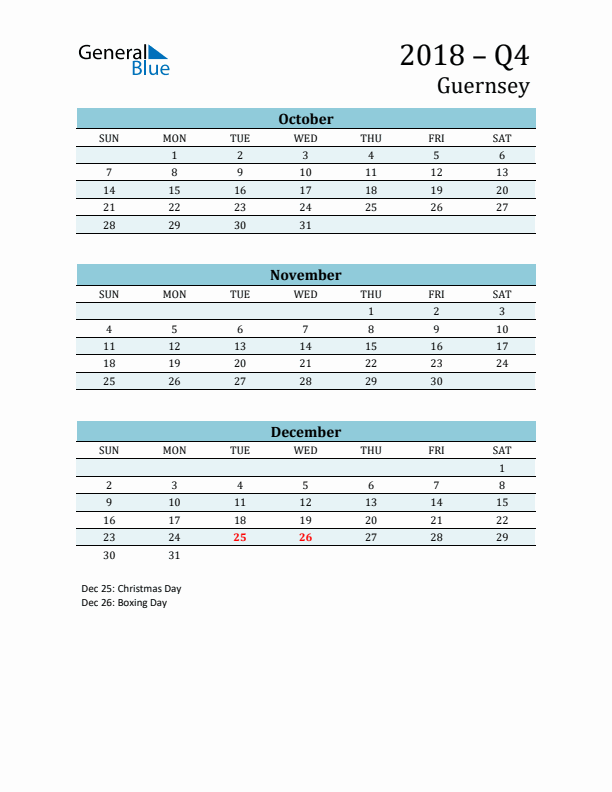 Three-Month Planner for Q4 2018 with Holidays - Guernsey