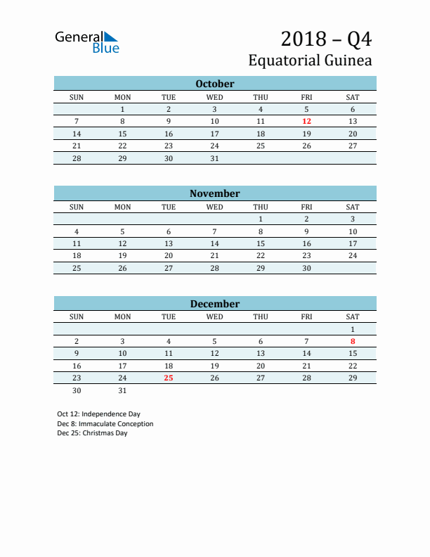 Three-Month Planner for Q4 2018 with Holidays - Equatorial Guinea