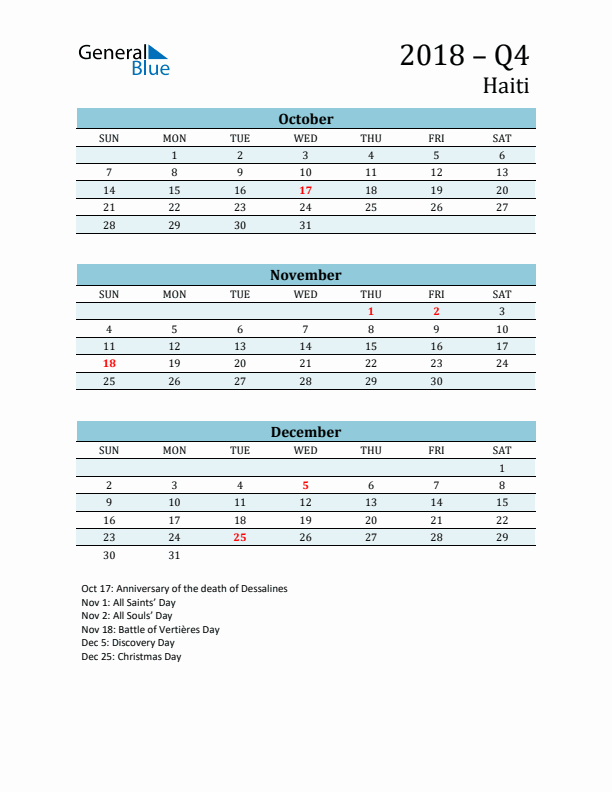 Three-Month Planner for Q4 2018 with Holidays - Haiti