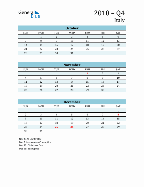 Three-Month Planner for Q4 2018 with Holidays - Italy