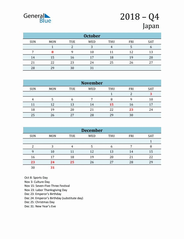 Three-Month Planner for Q4 2018 with Holidays - Japan