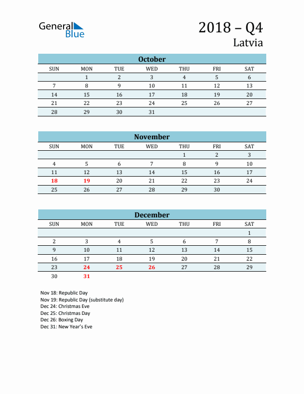 Three-Month Planner for Q4 2018 with Holidays - Latvia