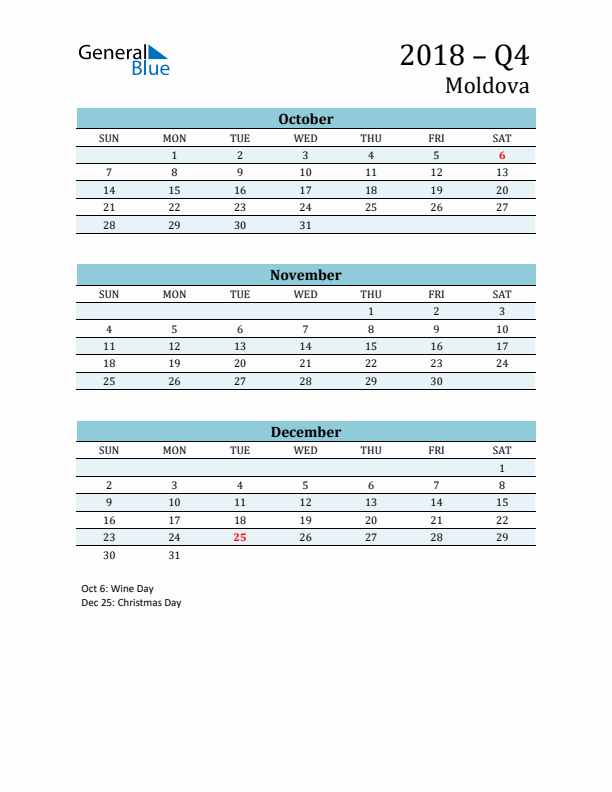 Three-Month Planner for Q4 2018 with Holidays - Moldova