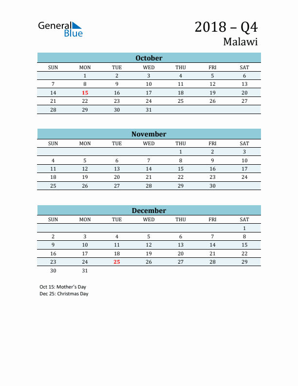 Three-Month Planner for Q4 2018 with Holidays - Malawi