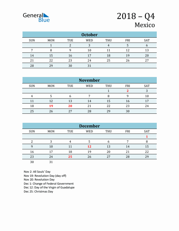 Three-Month Planner for Q4 2018 with Holidays - Mexico