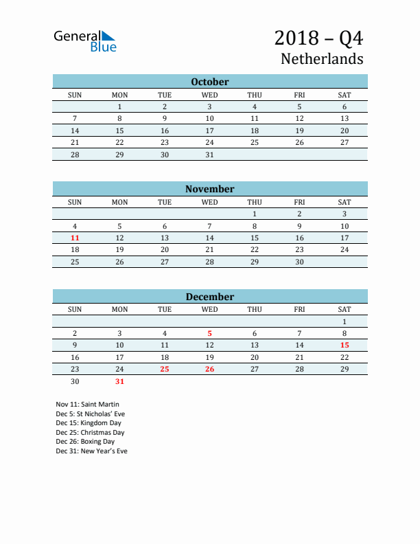 Three-Month Planner for Q4 2018 with Holidays - The Netherlands