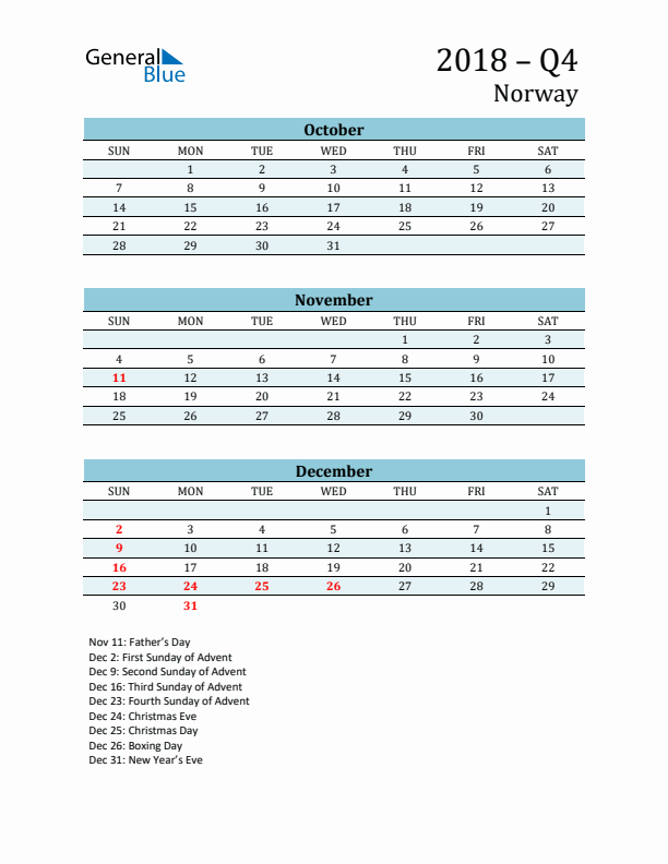 Three-Month Planner for Q4 2018 with Holidays - Norway