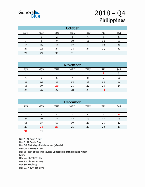 Three-Month Planner for Q4 2018 with Holidays - Philippines