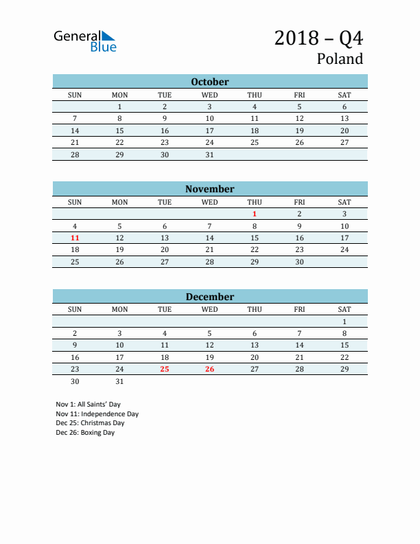 Three-Month Planner for Q4 2018 with Holidays - Poland