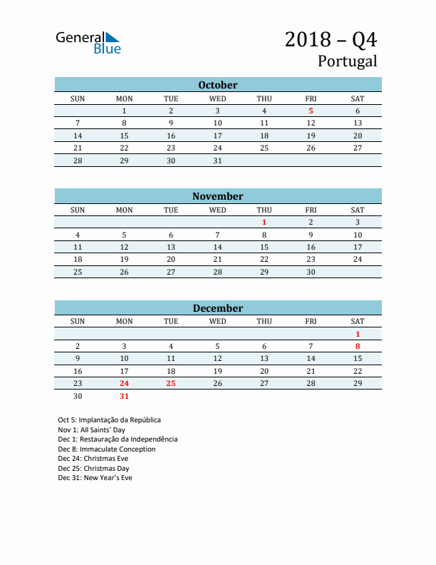 Three-Month Planner for Q4 2018 with Holidays - Portugal