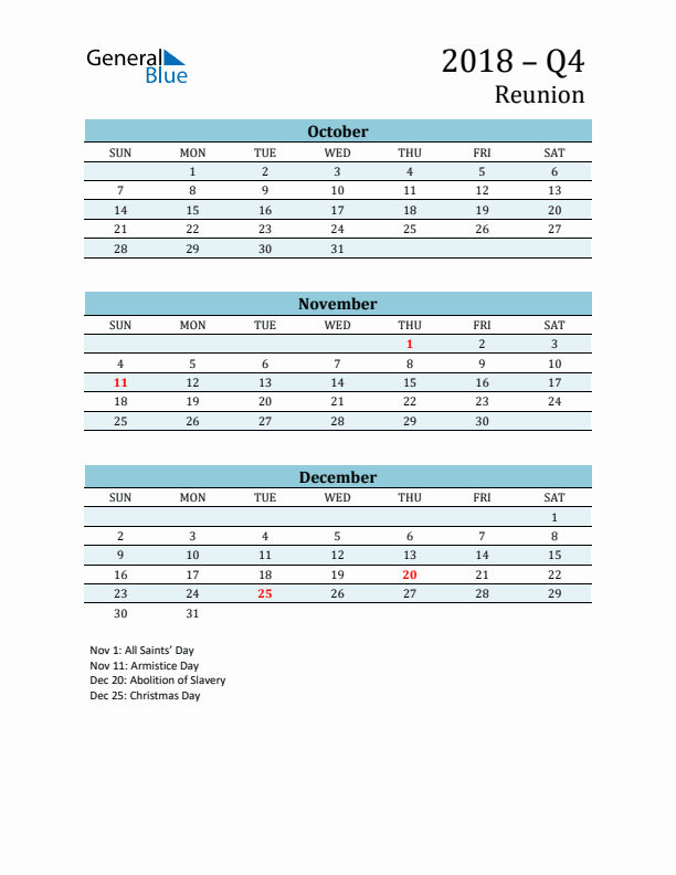 Three-Month Planner for Q4 2018 with Holidays - Reunion