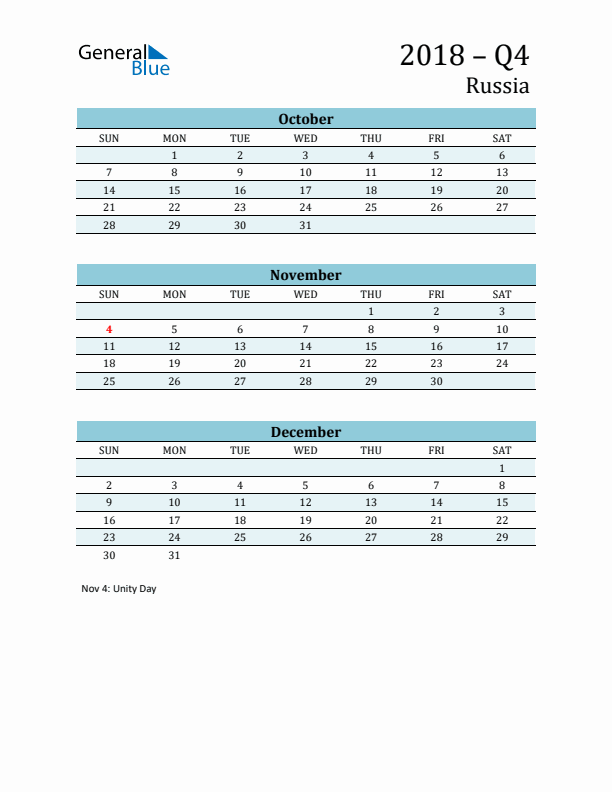 Three-Month Planner for Q4 2018 with Holidays - Russia