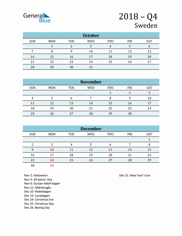 Three-Month Planner for Q4 2018 with Holidays - Sweden