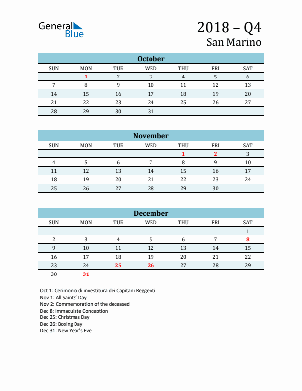 Three-Month Planner for Q4 2018 with Holidays - San Marino