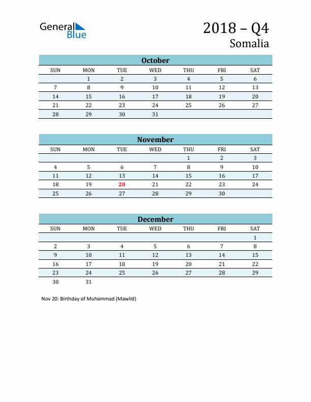 Three-Month Planner for Q4 2018 with Holidays - Somalia