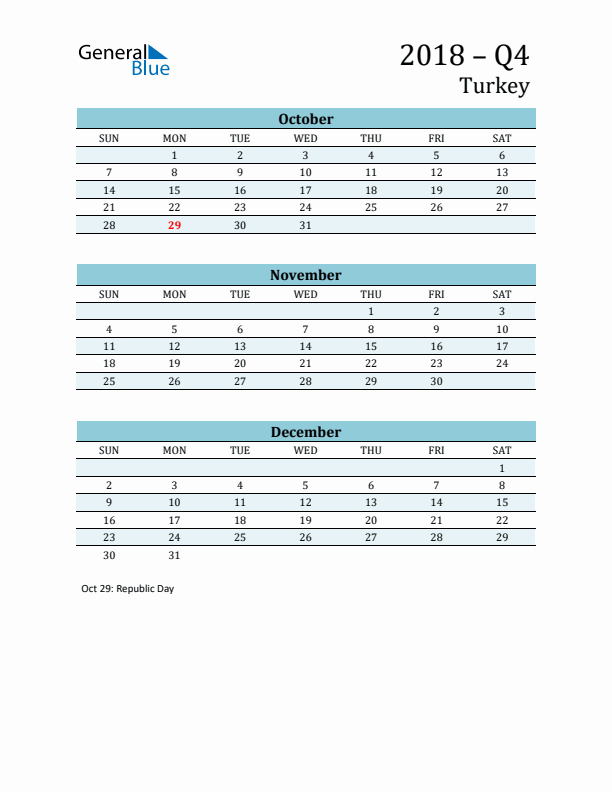 Three-Month Planner for Q4 2018 with Holidays - Turkey