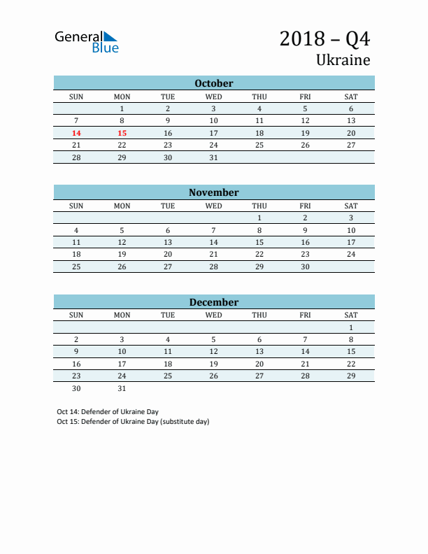 Three-Month Planner for Q4 2018 with Holidays - Ukraine