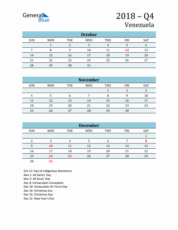 Three-Month Planner for Q4 2018 with Holidays - Venezuela