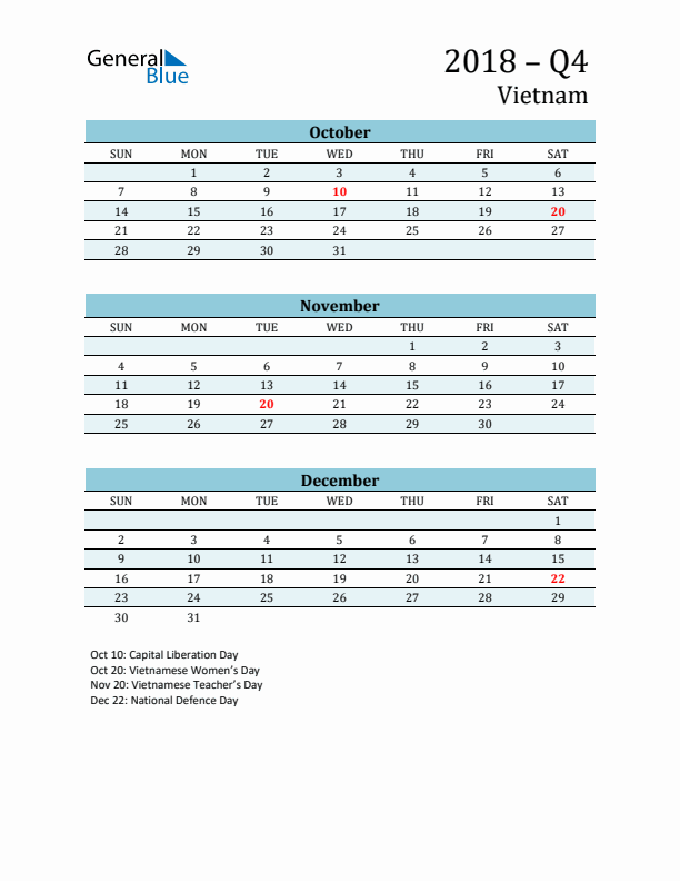 Three-Month Planner for Q4 2018 with Holidays - Vietnam