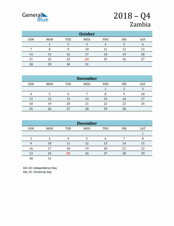Three-Month Planner for Q4 2018 with Holidays - Zambia