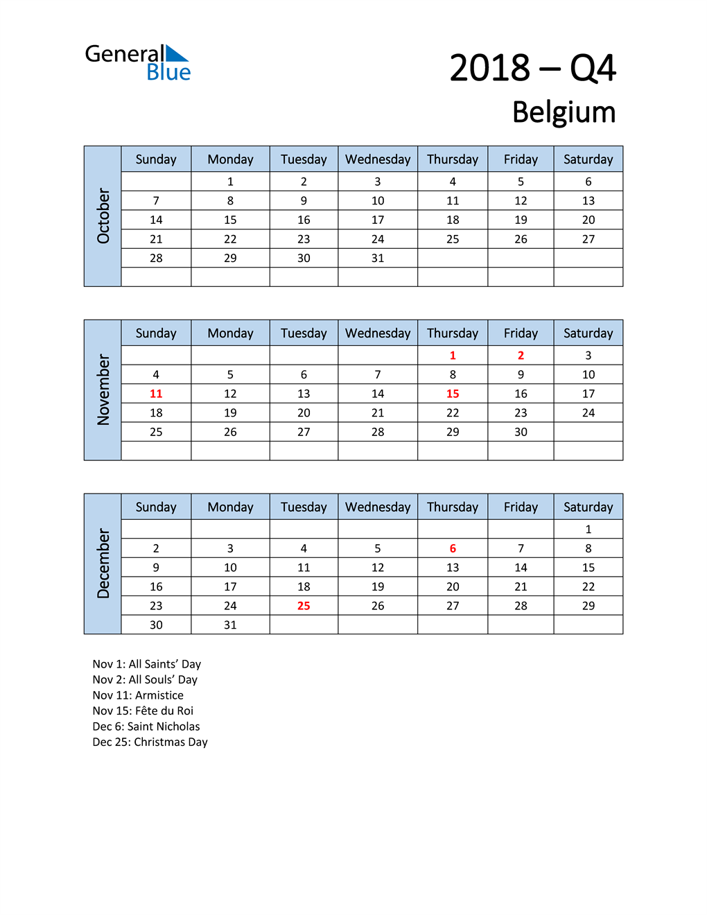  Free Q4 2018 Calendar for Belgium