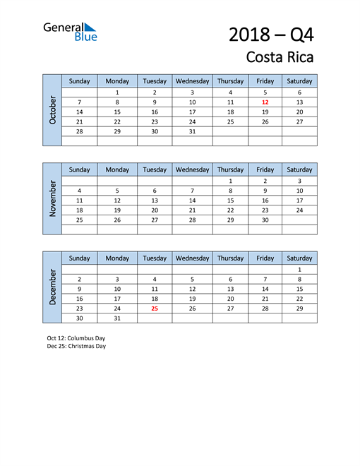  Free Q4 2018 Calendar for Costa Rica