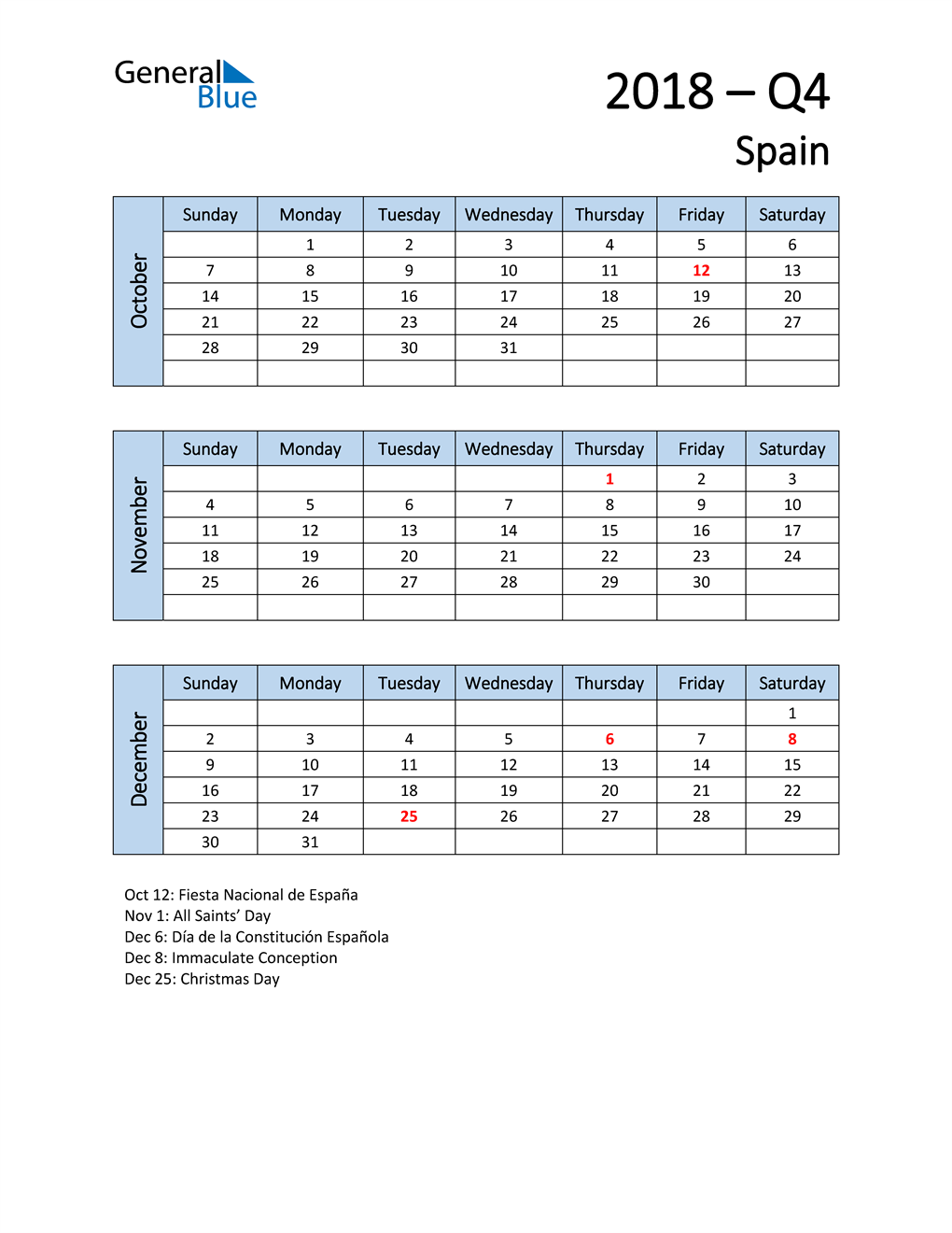  Free Q4 2018 Calendar for Spain