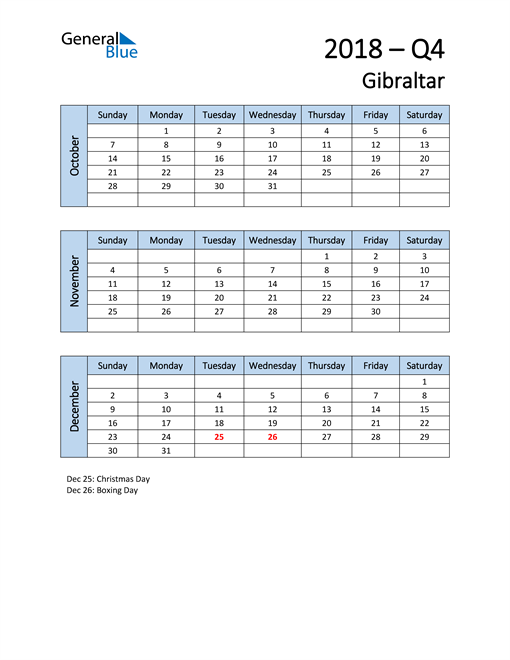  Free Q4 2018 Calendar for Gibraltar