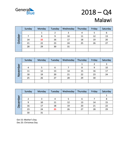  Free Q4 2018 Calendar for Malawi