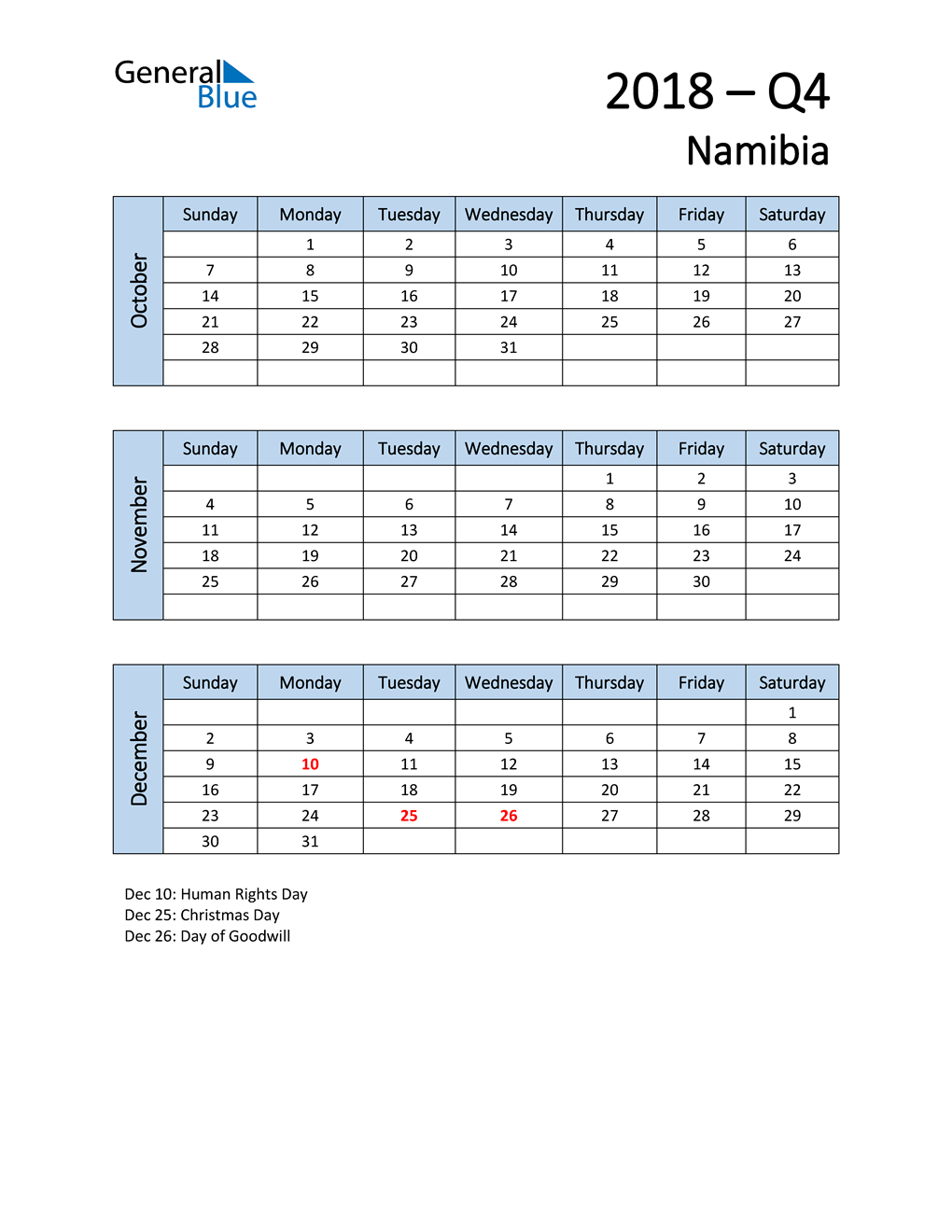  Free Q4 2018 Calendar for Namibia