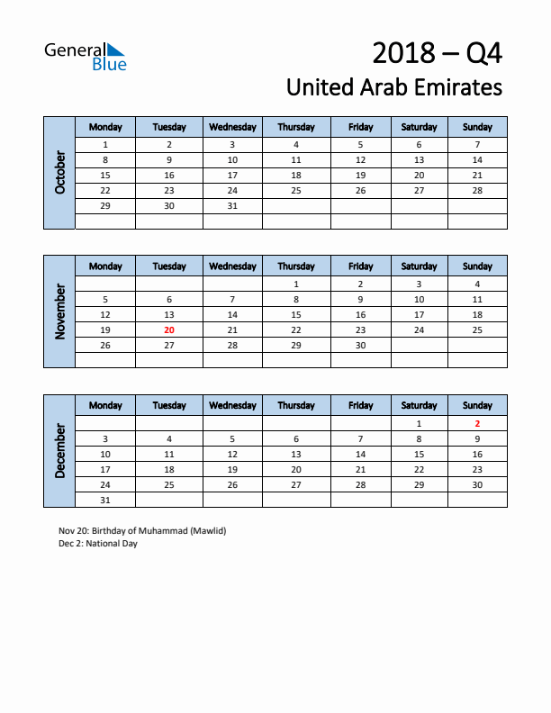 Free Q4 2018 Calendar for United Arab Emirates - Monday Start