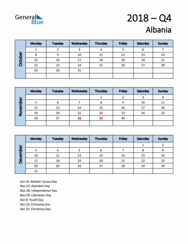 Free Q4 2018 Calendar for Albania - Monday Start