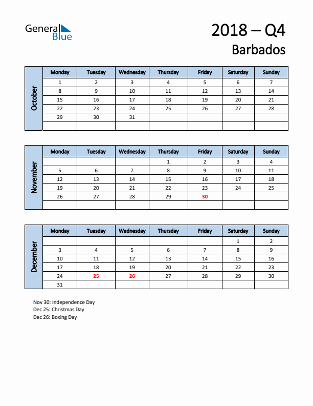 Free Q4 2018 Calendar for Barbados - Monday Start