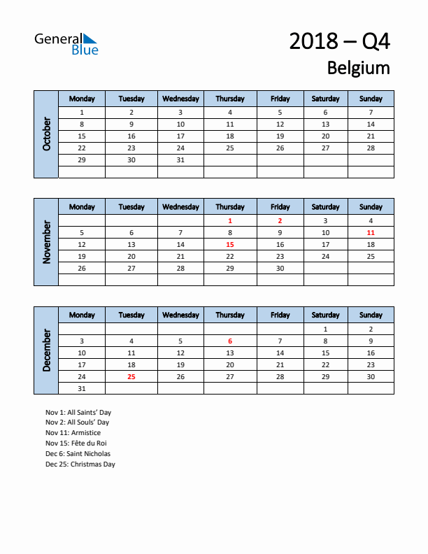 Free Q4 2018 Calendar for Belgium - Monday Start
