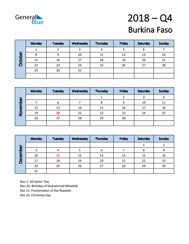 Free Q4 2018 Calendar for Burkina Faso - Monday Start