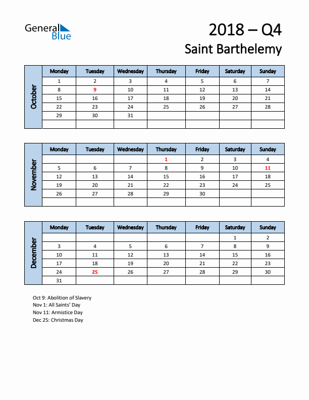 Free Q4 2018 Calendar for Saint Barthelemy - Monday Start