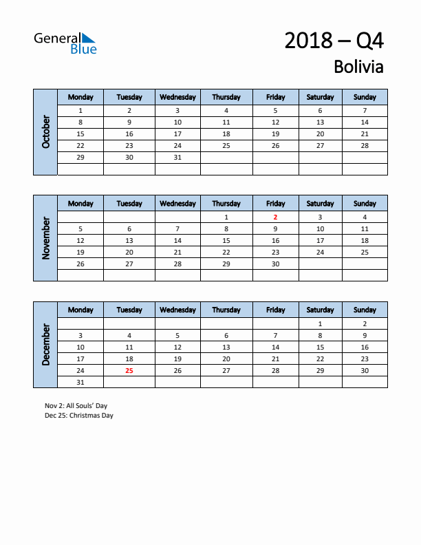 Free Q4 2018 Calendar for Bolivia - Monday Start