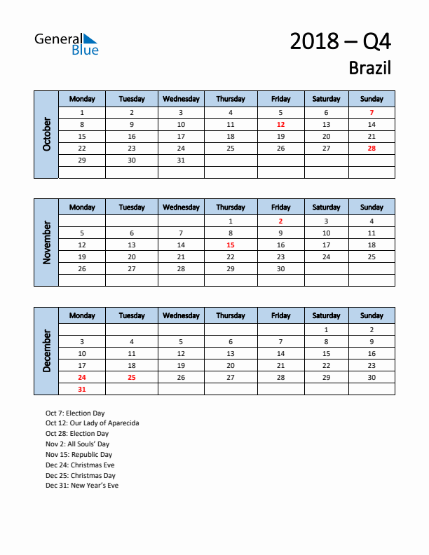 Free Q4 2018 Calendar for Brazil - Monday Start