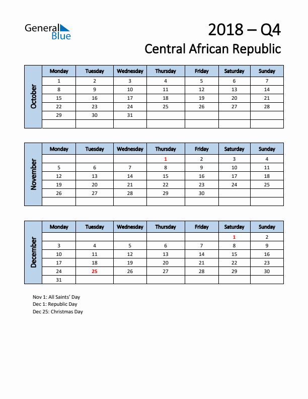 Free Q4 2018 Calendar for Central African Republic - Monday Start
