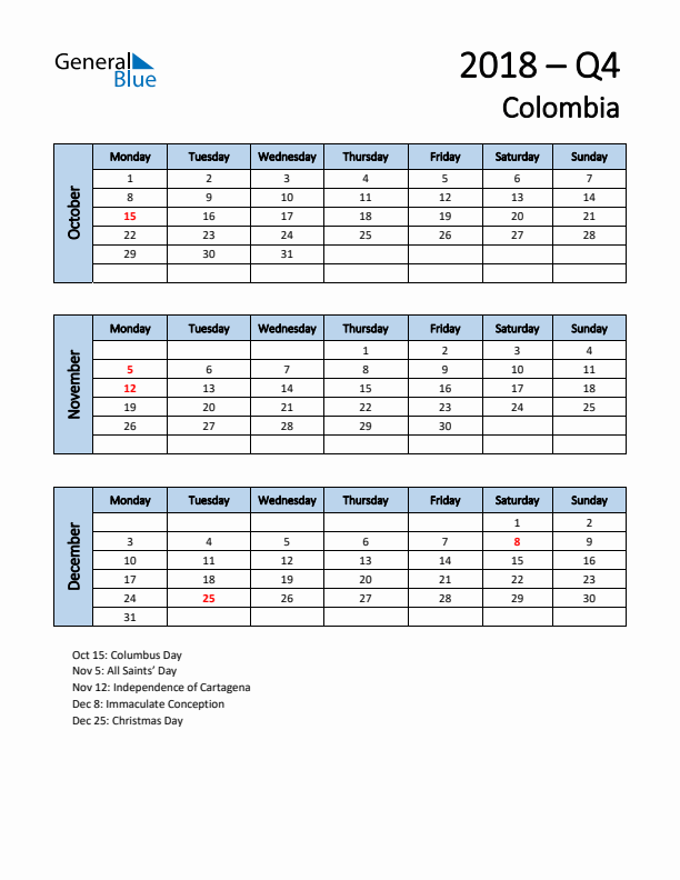 Free Q4 2018 Calendar for Colombia - Monday Start