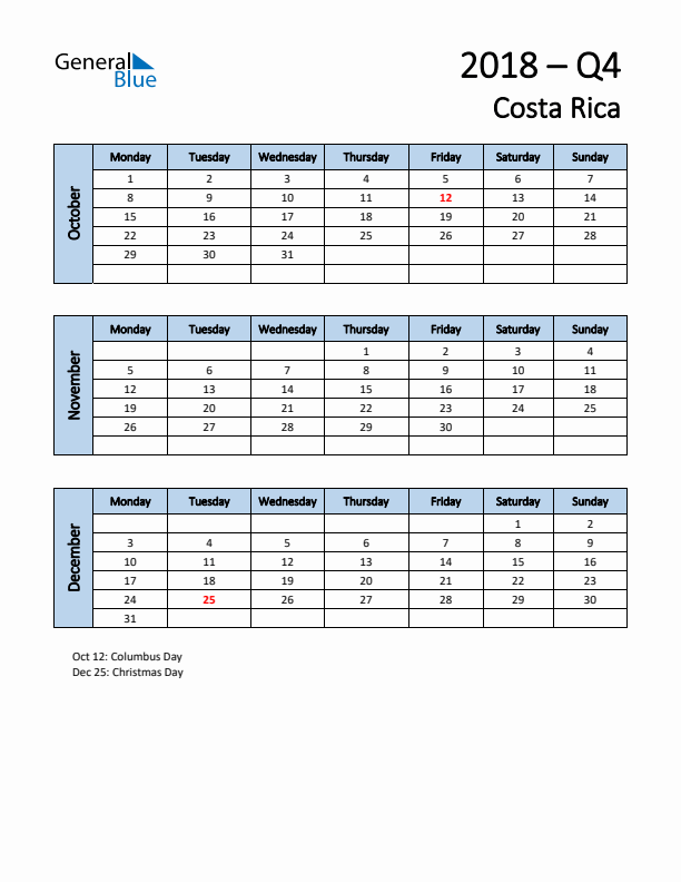 Free Q4 2018 Calendar for Costa Rica - Monday Start