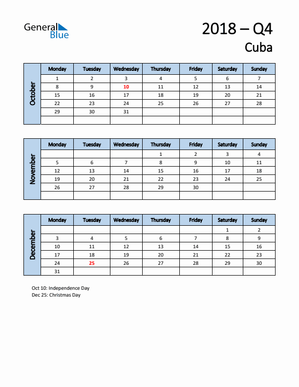 Free Q4 2018 Calendar for Cuba - Monday Start